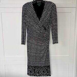 Lauren Ralph Lauren Black White Houndstooth Wrap Dress Size 8